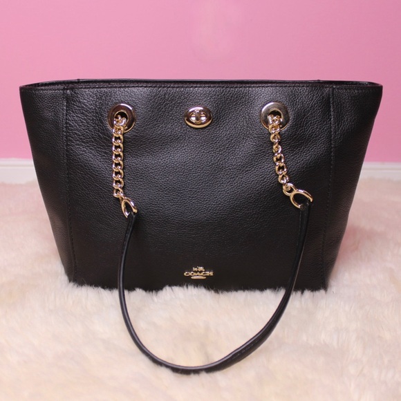 COACH Turnlock Chain Black Leather Tote Bag - Picture 2 of 7